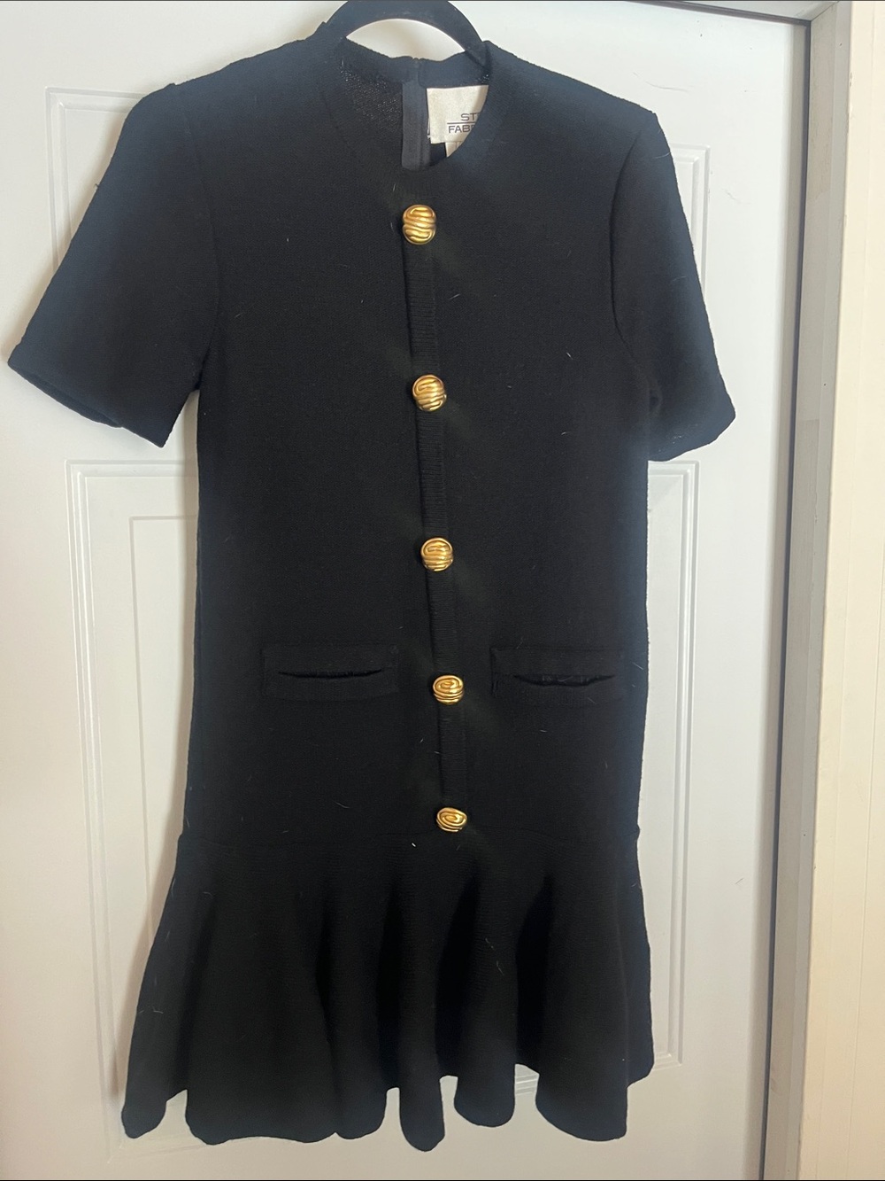 Timeless Neiman Marcus Black Short-Sleeve Dress with Gold Button Detail